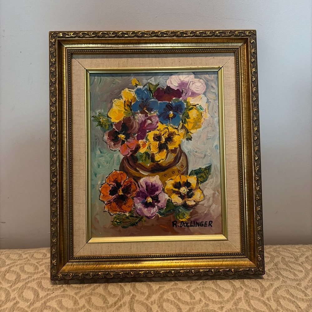 Oil Painting Pansies Renate Dollinger COA colorful floral Gold Ornate Frame